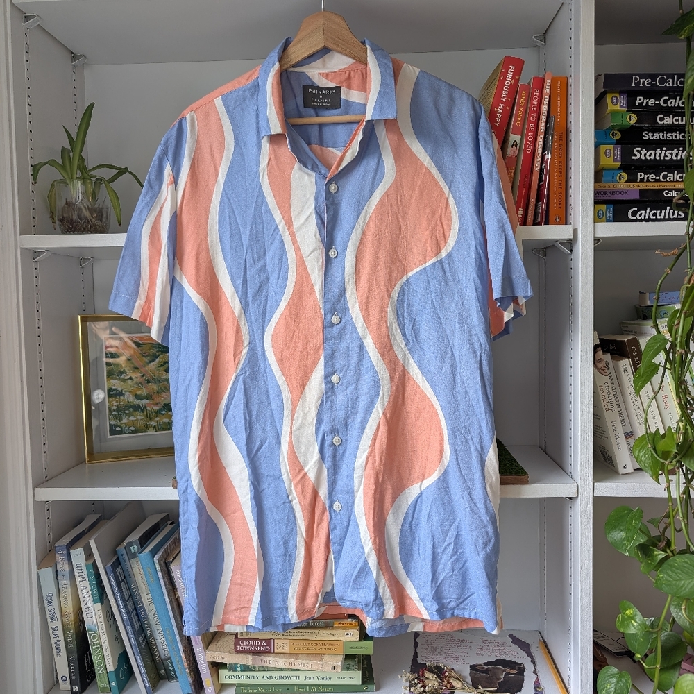 Primark Men's Shirt Button Down Short Sleeve Wave Graphic Blue Red Size Medium